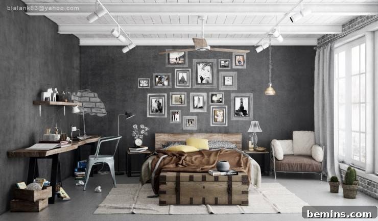 Industrial bedroom with framed artwork above the bed