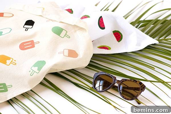 Detail shot of popsicle tote and watermelon towel
