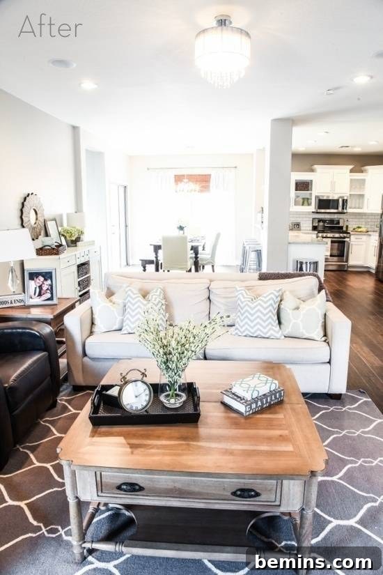 Transitional Living Room, Kitchen, and Dining Room Renovation: After