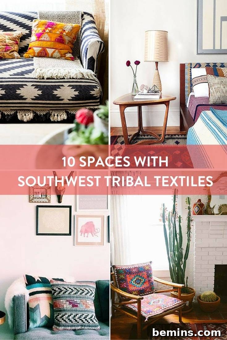 Our Top Picks: Southwestern Fabrics and Designs 12 Southwest Interiors: This image showcases multiple ways to incorporate Southwest tribal prints, including throw pillows, armchairs, sofas, and bedspreads.