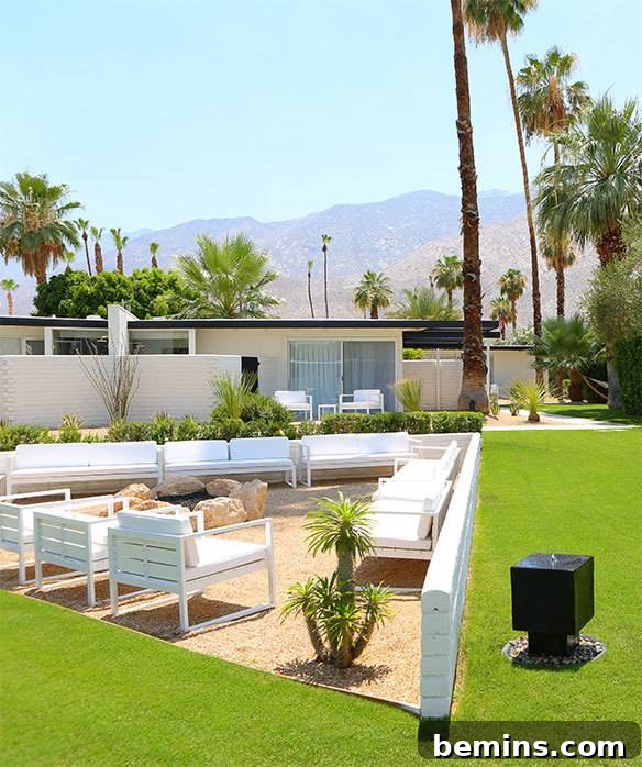 L'Horizon Palm Springs resort patio with a collective fire pit and elegant rows of outdoor seating.