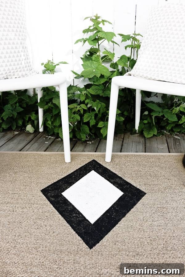 Close-up of the modern pattern on the DIY outdoor rug