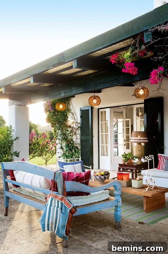 Stylish Patio with Colorful Accents and Unique Lighting