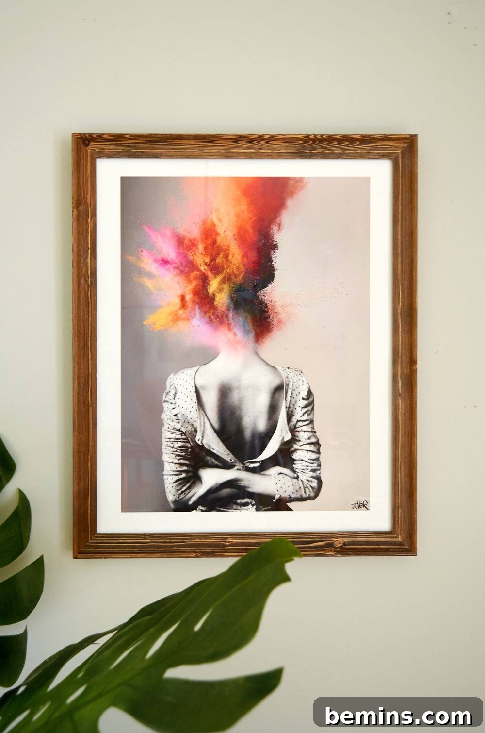 a beautiful panting of a girl facing the other side with colors in her head