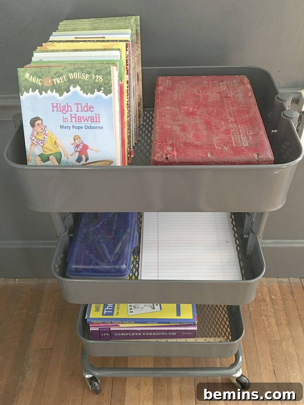 Filling the rolling cart with organized school supplies.