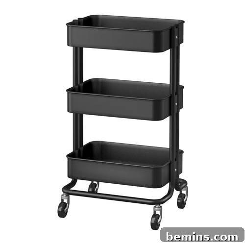 A rolling cart filled with art supplies and organizational containers.