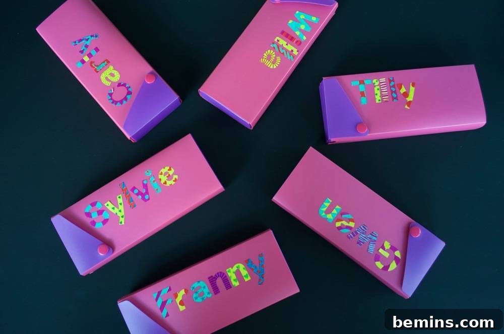 Kid-Friendly DIY: Personalized Pencil Pouches for School 10 Pink box bars with violet colored folding cap with button: Ready for the new school year
