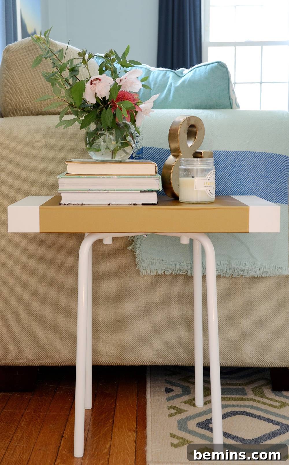 IKEA Hack: Marius Stool End Table Transformation 11 Customized IKEA hack end table with gold contact paper