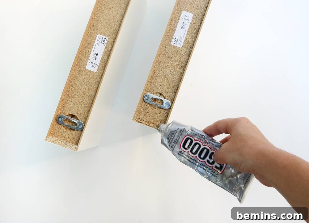 IKEA Hack: Marius Stool End Table Transformation 4 Gluing Lack shelves together for DIY end table