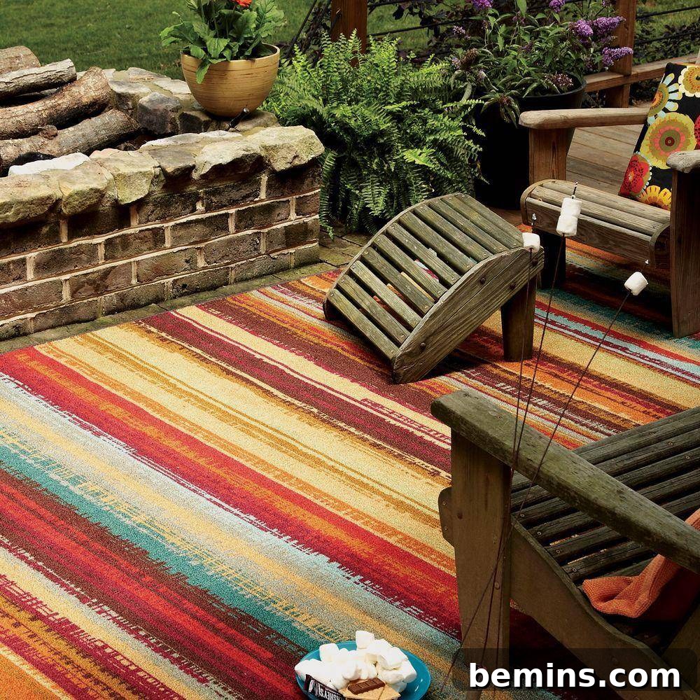 Irresistible Rustic Patio Decor 11 Colorful Mohawk Home outdoor area rug on a simple rustic patio