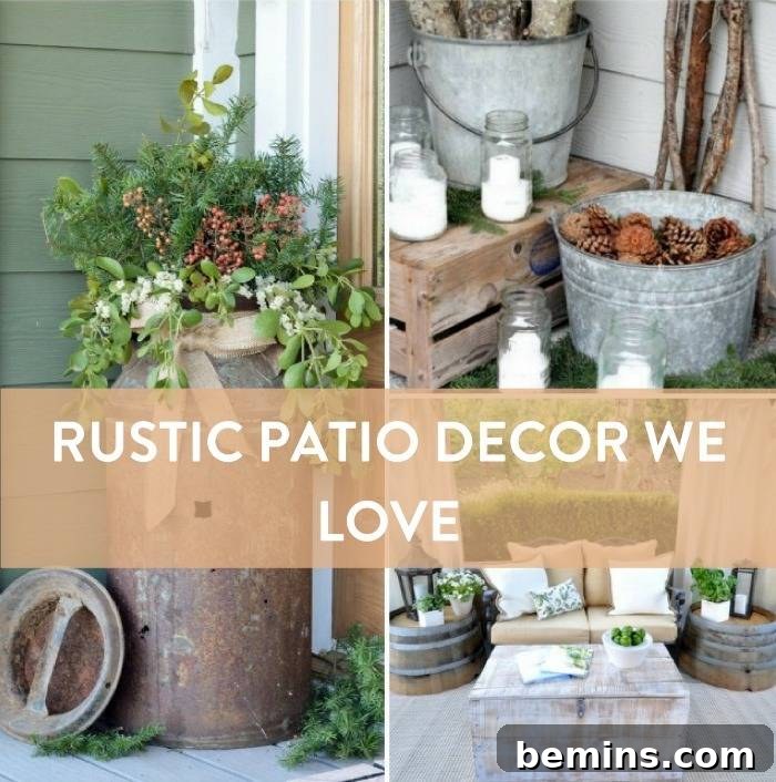Rustic patio with wooden furniture and warm fall decor, inviting relaxation