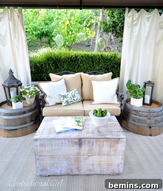 Irresistible Rustic Patio Decor 3 Rustic patio featuring repurposed wine barrels as side tables, adorned with plants