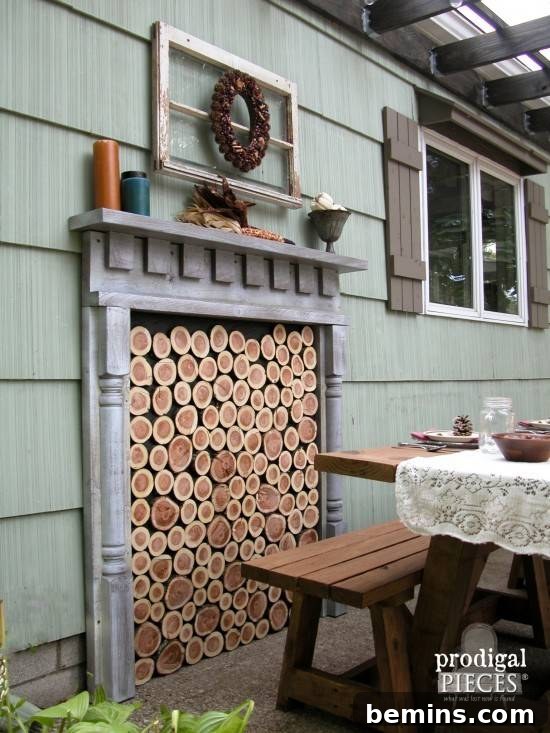 Irresistible Rustic Patio Decor 6 Small patio with a decorative faux fireplace, creating a cozy ambiance