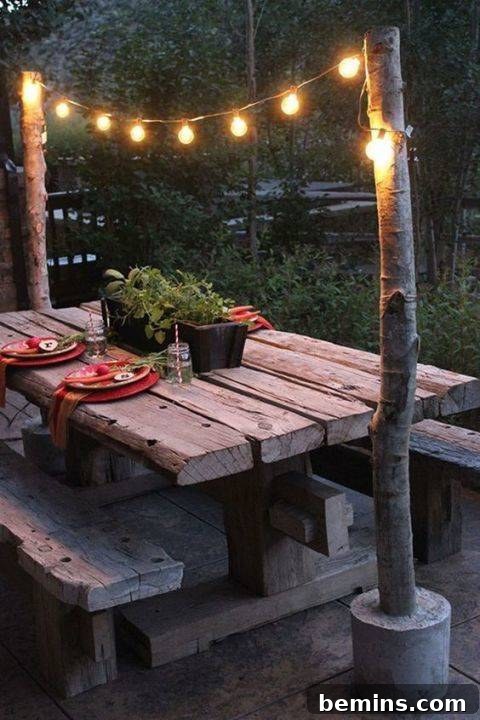 Irresistible Rustic Patio Decor 8 Rustic outdoor picnic table adorned with string lights for an evening meal