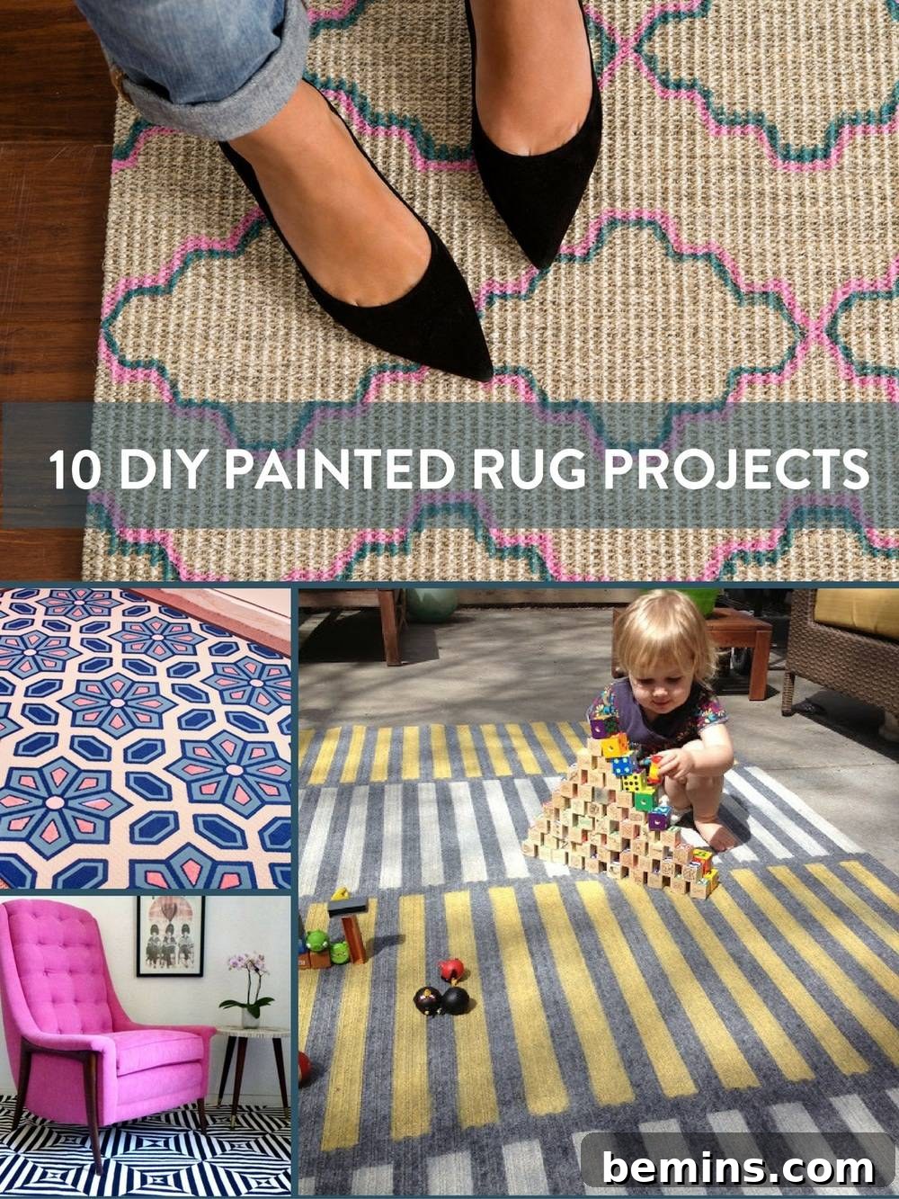 A collage of 6 rugs showcasing various patterns painted on them, including stripes and curves.