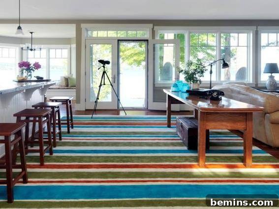 A vibrant room featuring a wall of glass windows, a white bar with brown bar stools, and a colorful green, red, blue, and white striped carpet.