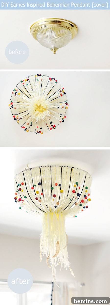 Eames-inspired ceiling light cover using a wire planter
