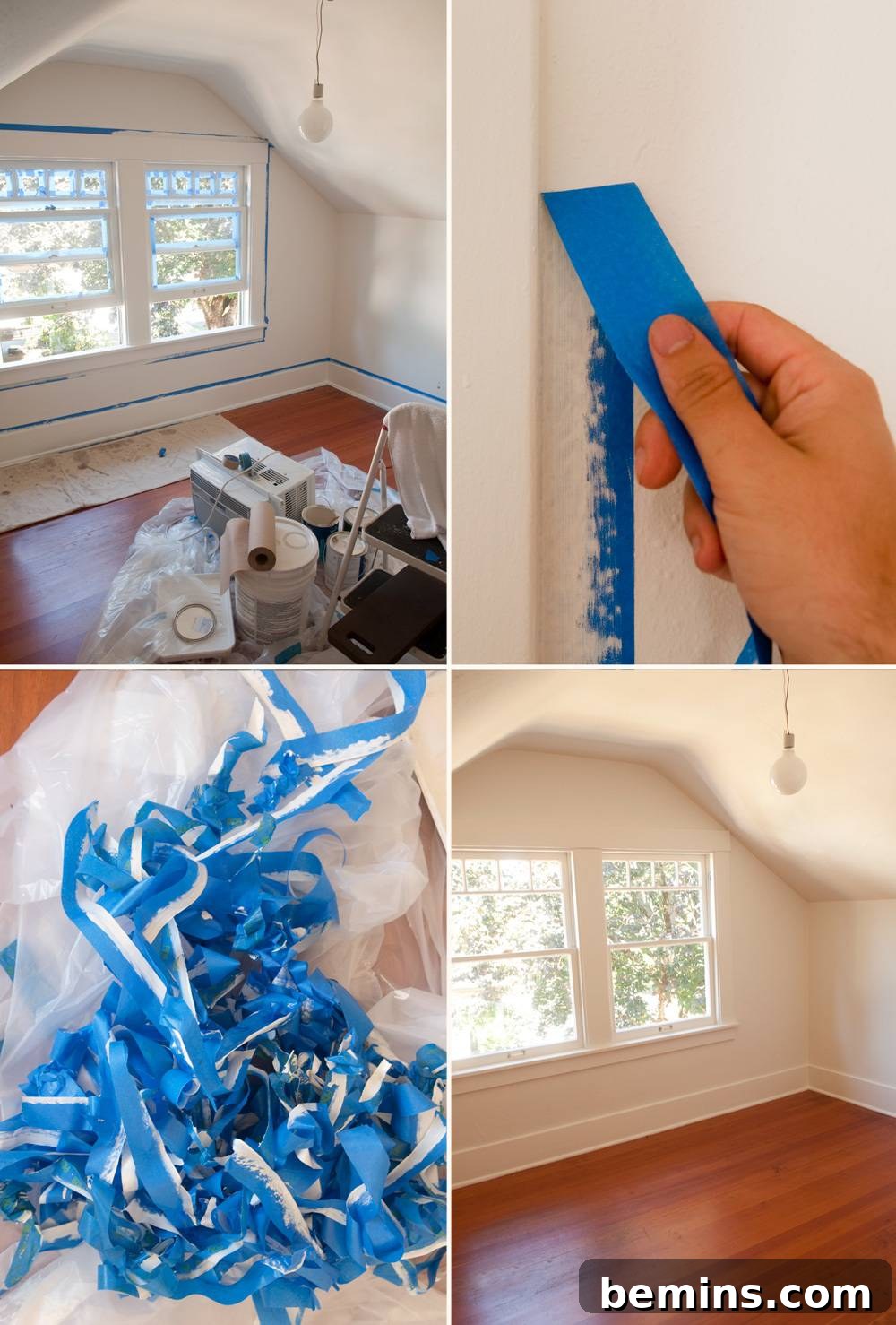 Before and after painting a bedroom wall.