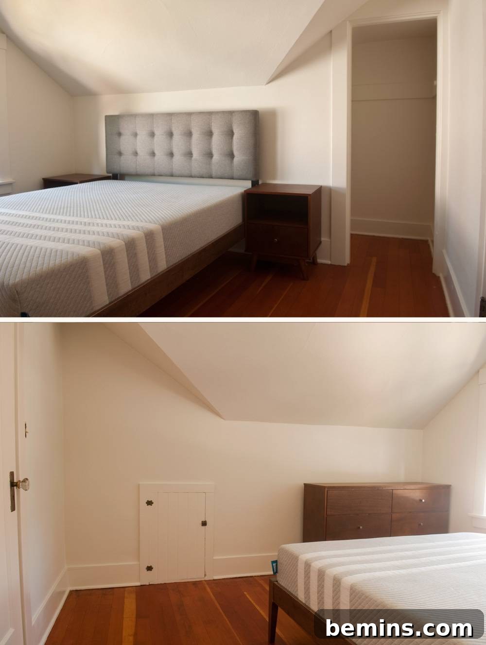 A bedroom featuring white walls and a Leesa mattress on a wooden platform bed.