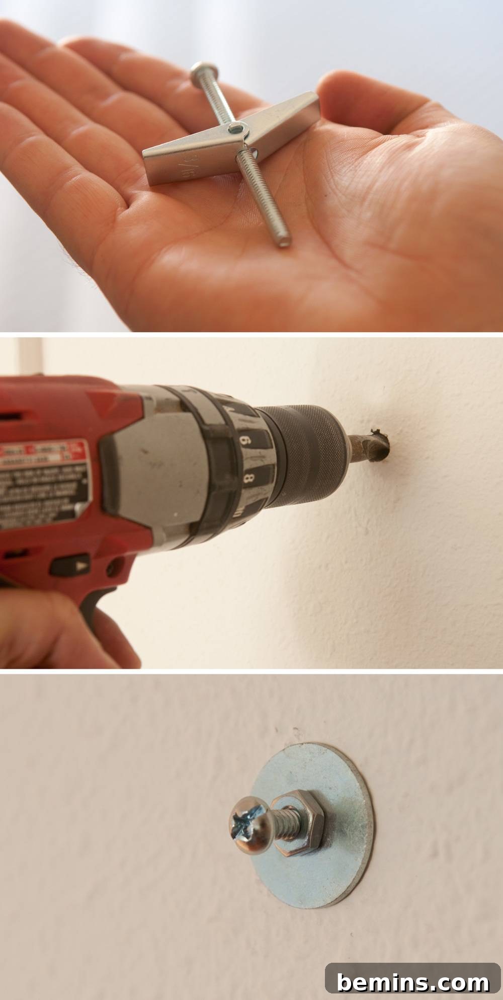 Using a drill and screw to hang items on the wall.