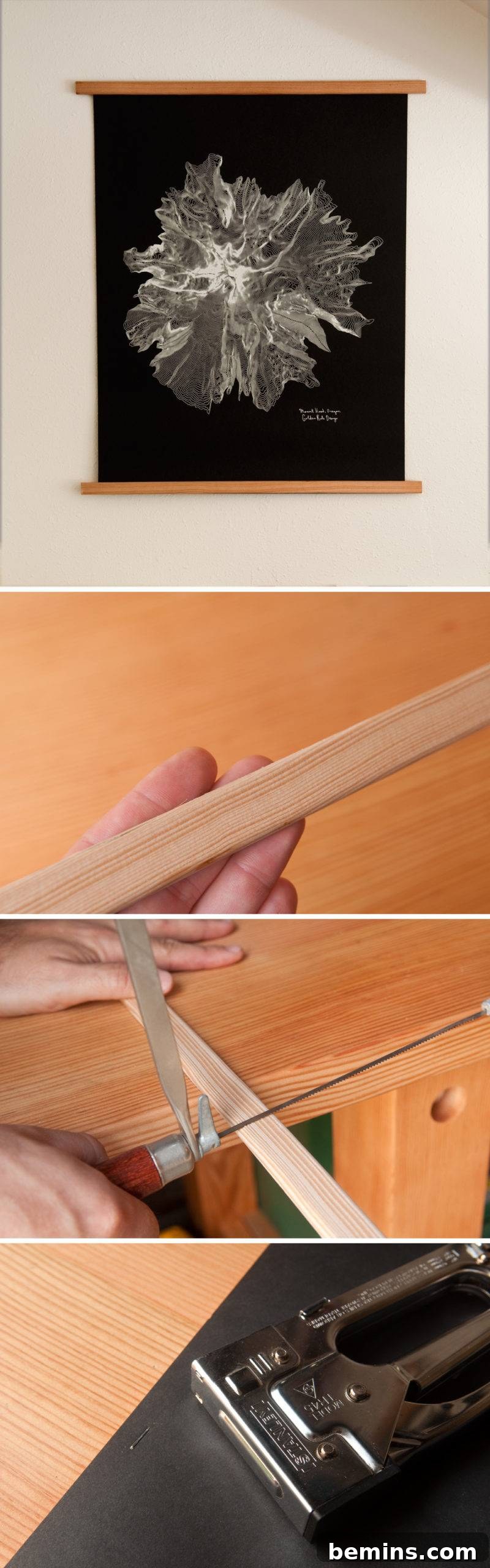 A collage displays three different crafts, the middle one made of wood.