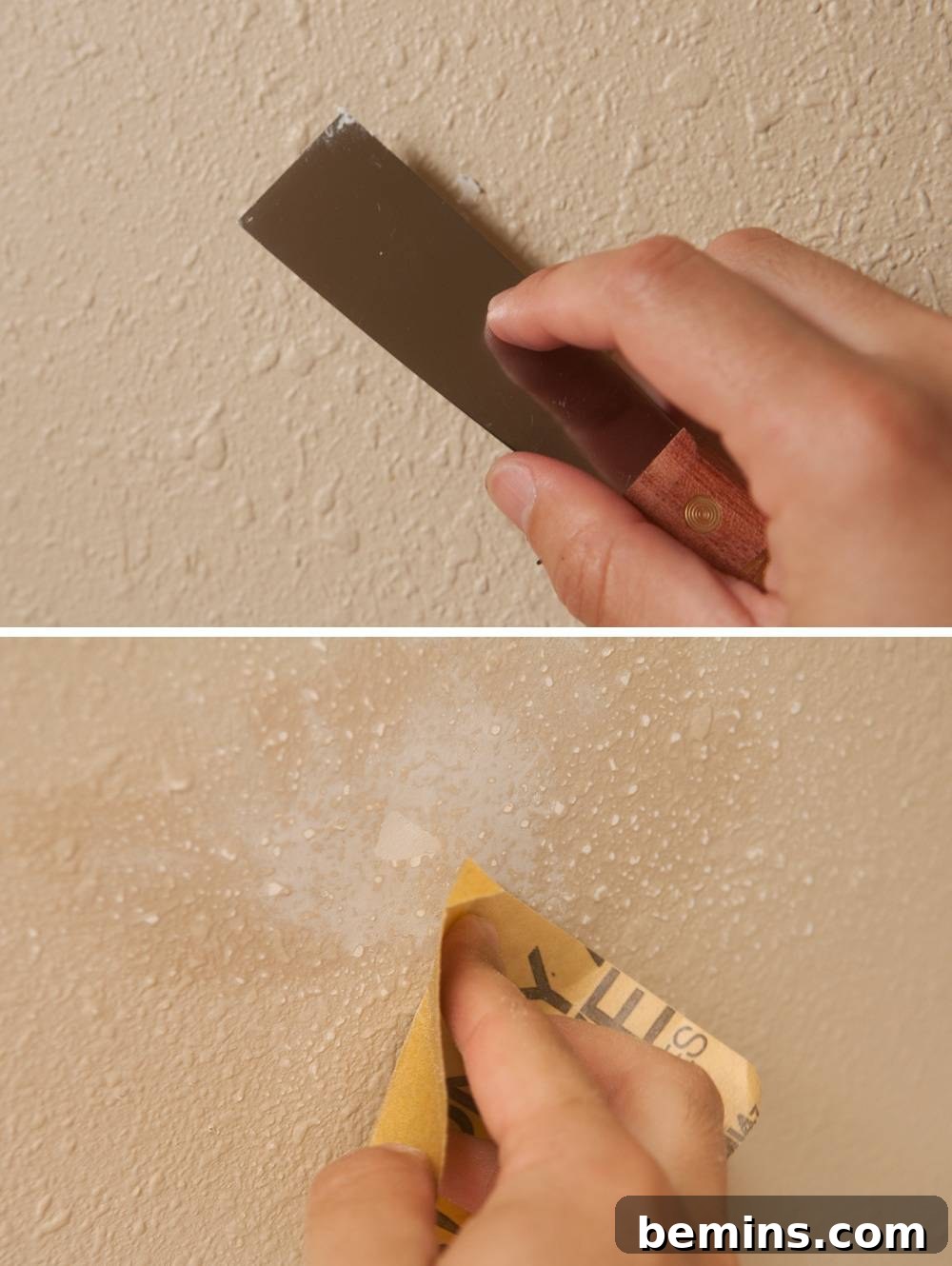 A person using tools to smooth spackle on a wall.