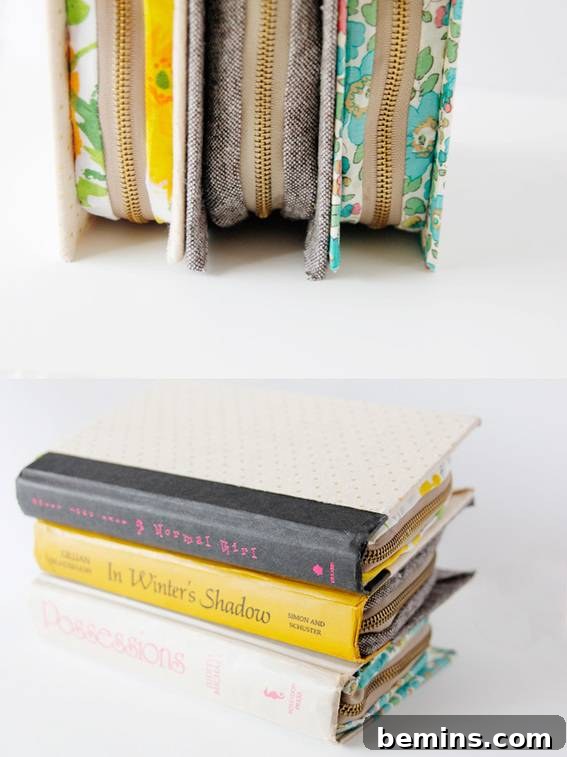 What appear to be small hardcover books are actually zippered storage containers with an interior made of cloth.