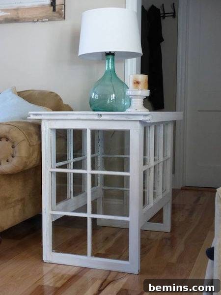 Side table made from reclaimed windows