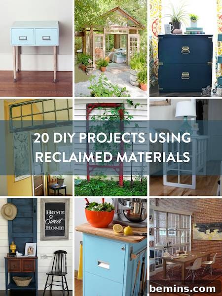 Pinterest image for 20 DIY projects using reclaimed materials