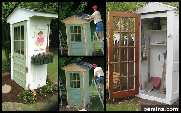 DIY garden shed constructed from four reclaimed doors