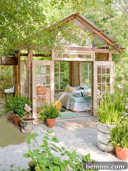 Backyard getaway created using reclaimed windows