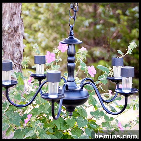 DIY outdoor solar-powered chandelier made from a reclaimed chandelier