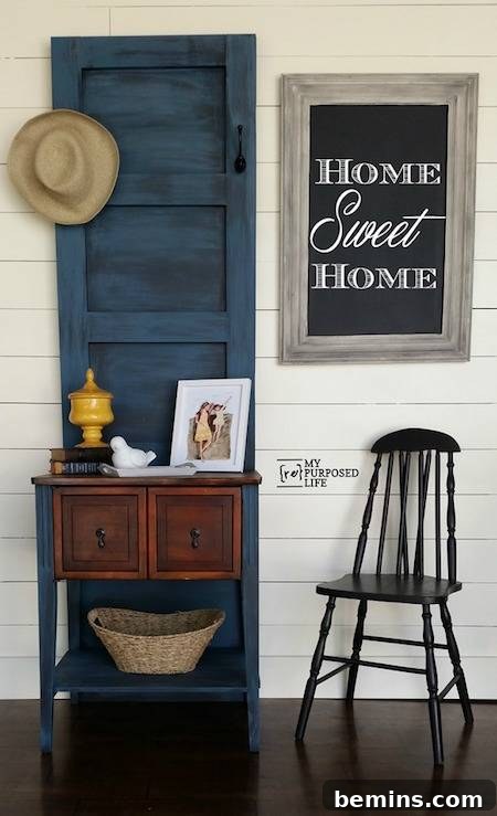 Hall tree made from a reclaimed door and sewing machine table