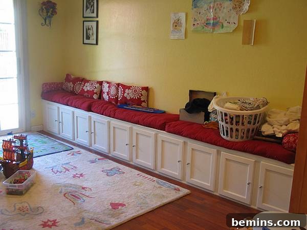Upper kitchen cabinets repurposed as a long bench