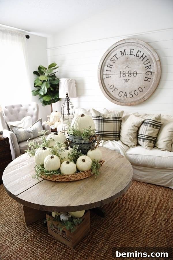 Embrace Autumn: 10 Cozy Room Designs for Fall 6 Fall Living Room Decor with White Pumpkins and Plaid