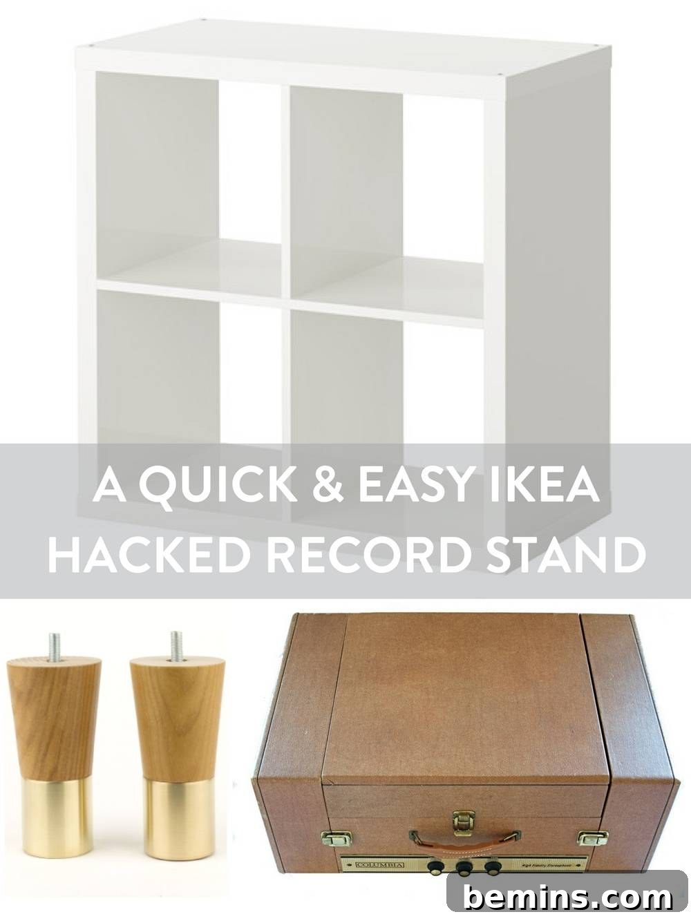 A white bookshelf, two wooden candles and a brown record player case.