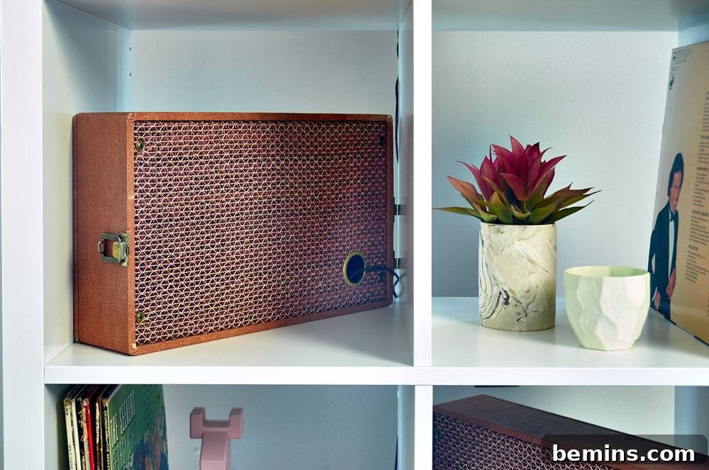 A white bookshelf with an old speaker in the upper left quadrant.