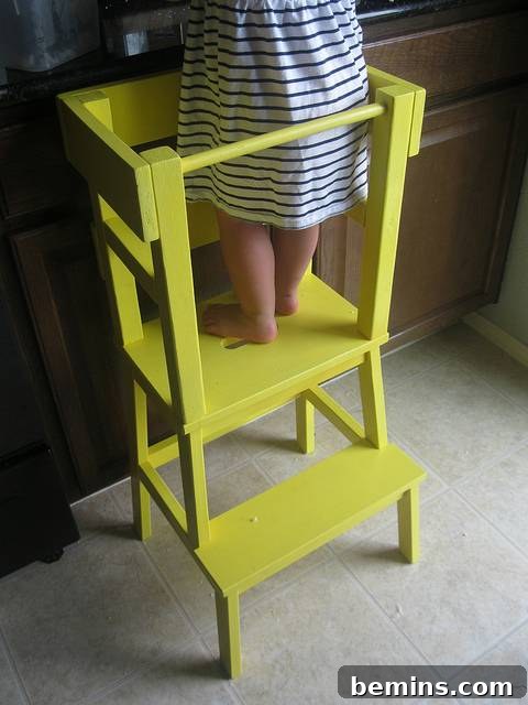 Bekvam Stool Transformed into a Learning Tower for Children