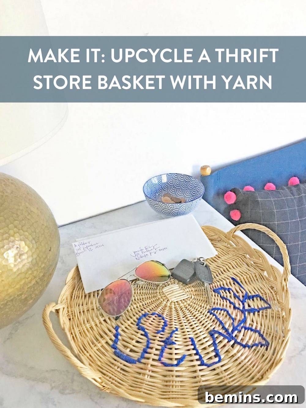 Upcycled Yarn Basket: A Thrifty Home Decor DIY 18 Pin It: Yarn Embroidered Thrift Store Basket