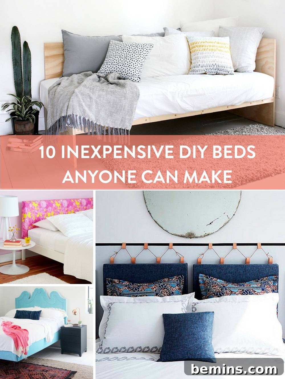 A white couch near a white bed with a blue pillow