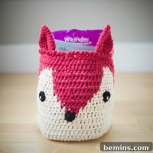 Crocheted fox basket made from yarn scraps