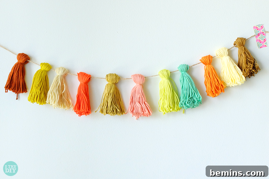 Colorful tassel garland made from yarn scraps