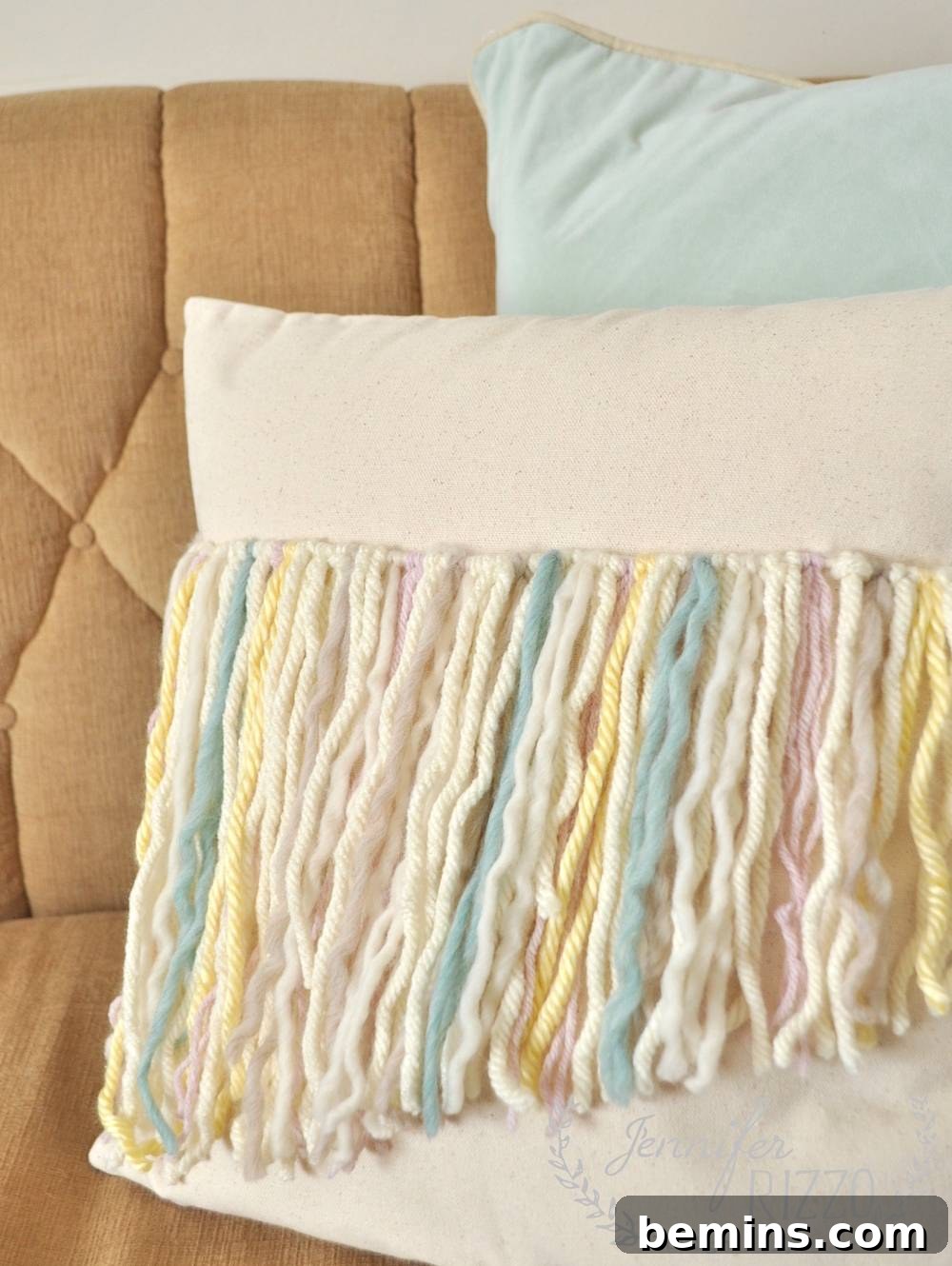 Fringe pillow made from yarn scraps