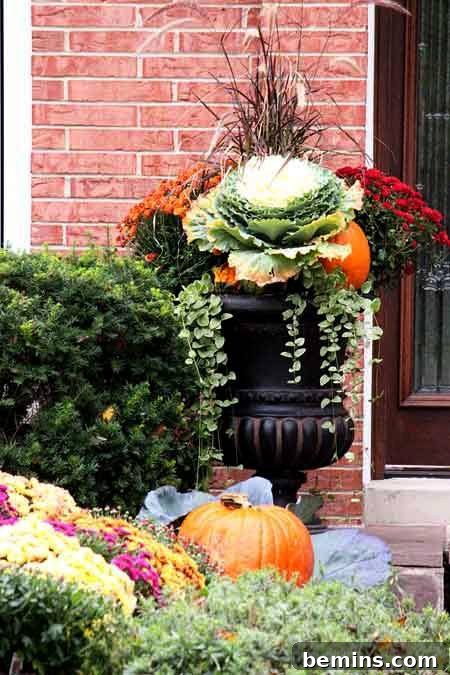 Fall flowers with pumpkins on the porch, creating a welcoming autumn display.