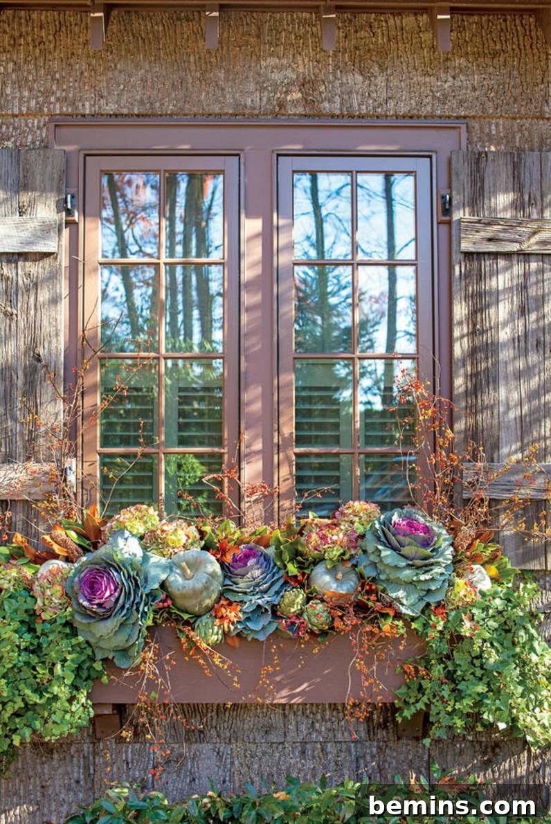 Window boxes filled with ornamental cabbage, gourds, and flowering vines, creating a festive fall display.