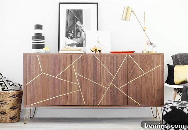 DIY brass geometric inlay IKEA sideboard makeover