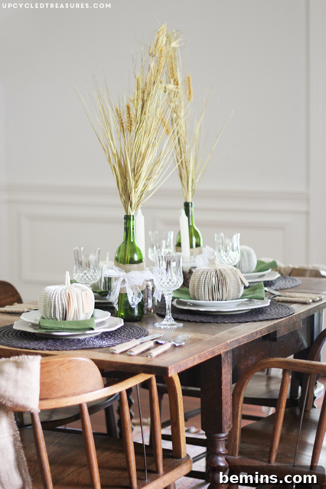Stunning Autumn Table Decor Ideas 4 A green and brown fall table featuring wheat accents.