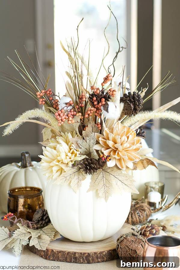 Stunning Autumn Table Decor Ideas 8 A rustic chic fall centerpiece featuring a white pumpkin filled with neutral florals.