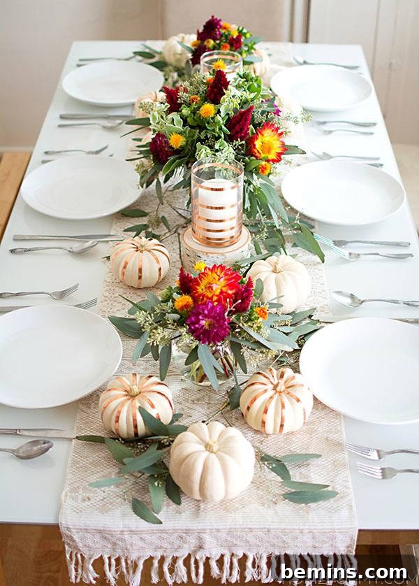 Stunning Autumn Table Decor Ideas 10 Metallic accented pumpkins paired with warm red and orange flower arrangements.