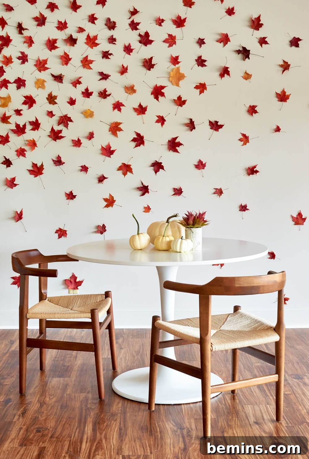 Table and chairs below a wall full of scattered leaves.